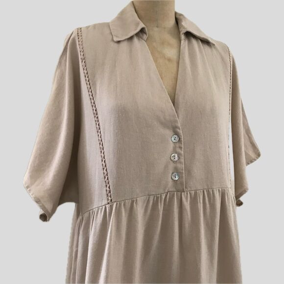 Zara Tan Linen Collared Oversized Mini Neutral Short Sleeve Casual Shirt Dress S - Picture 2 of 9